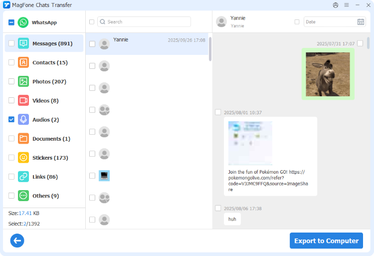 export whatsapp audio to computer via magfone