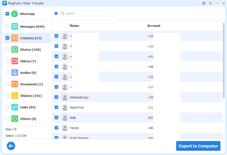 export whatsapp contacts via magfone