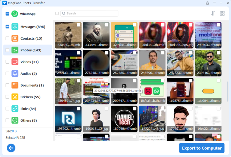 select and export whatsapp photos to computer