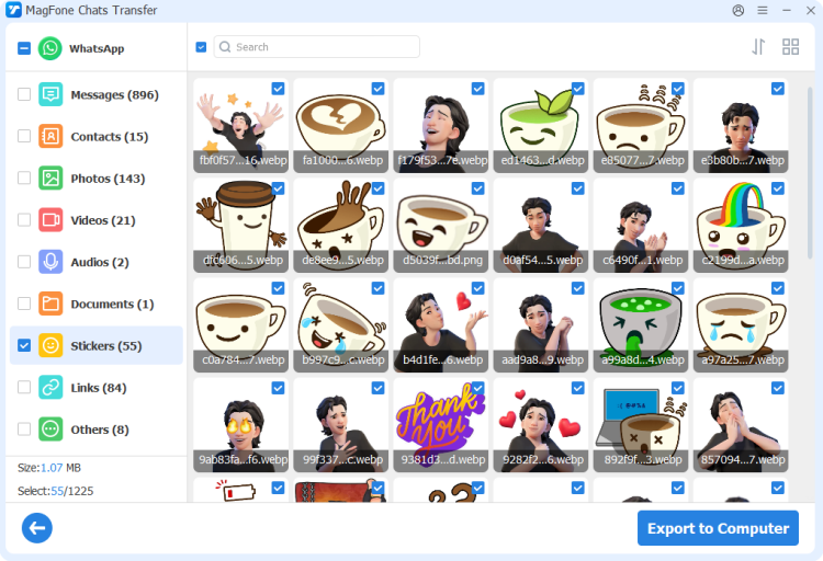 export whatsapp stickers to computer via magfone
