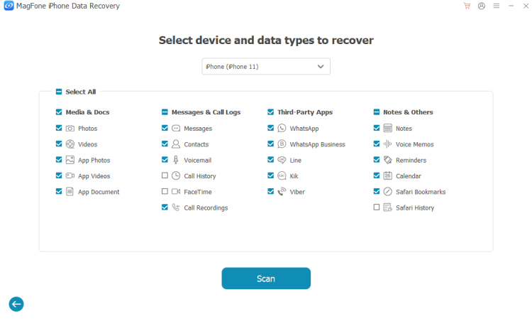 select device and data type to recover