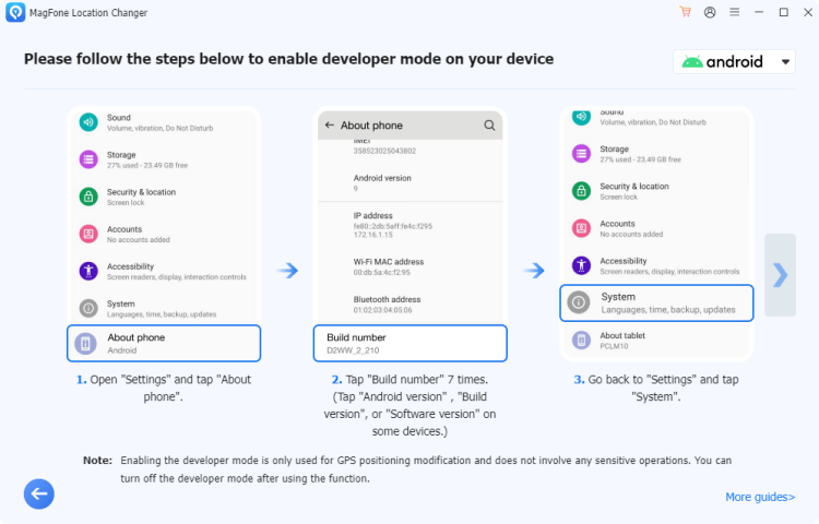 turn on developer mode on android device