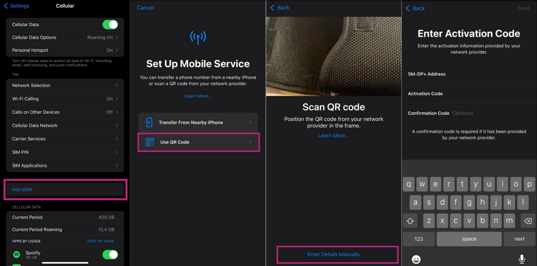 activate esim via manual entry