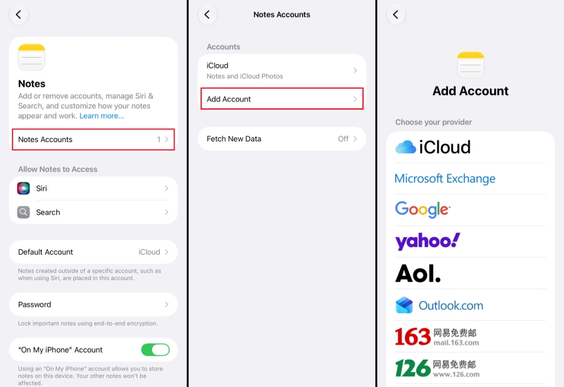 add account to notes on iphone