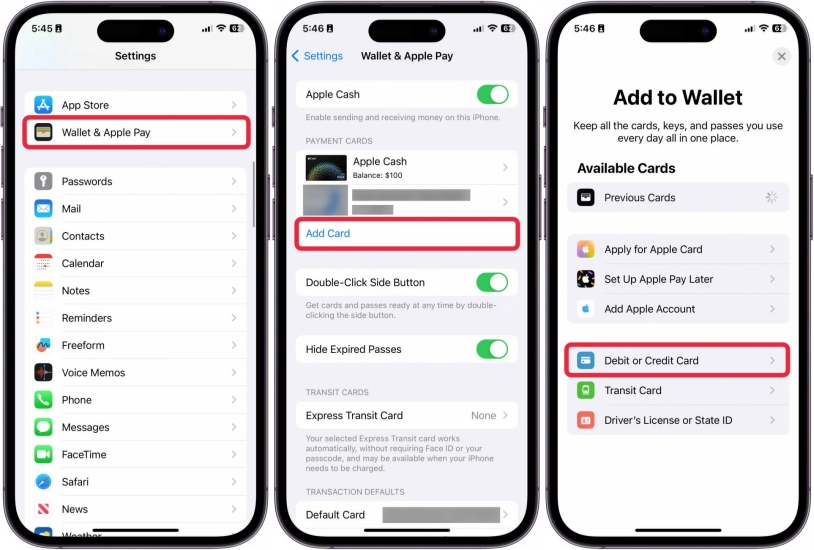 add card to apple wallet in iphone settings