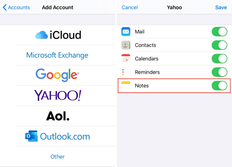 enable notes for mail account