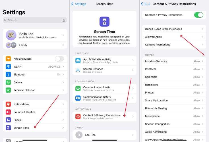 allow apps in restrictions on iphone