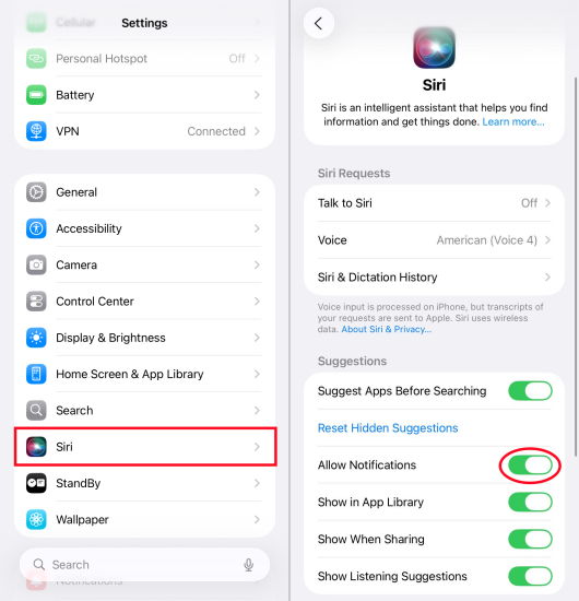 disable allow notifications for siri on iphone