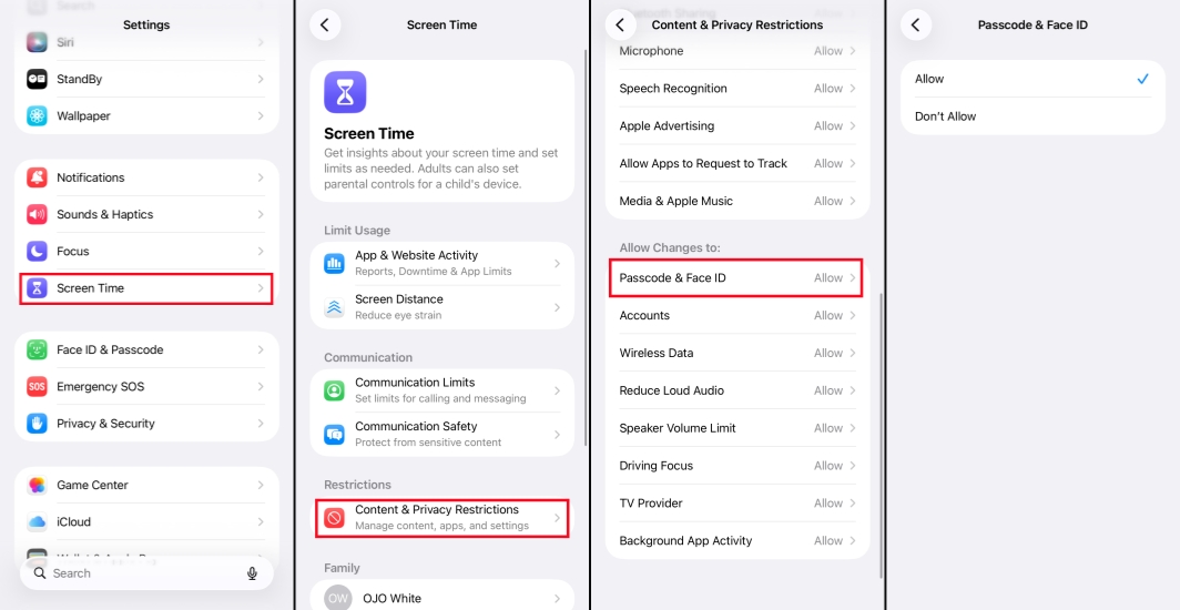 limit face id and passcode changes on iphone