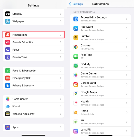 disble notification for apps on iphone