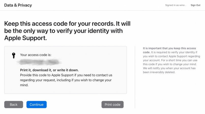 apple id deletion access code