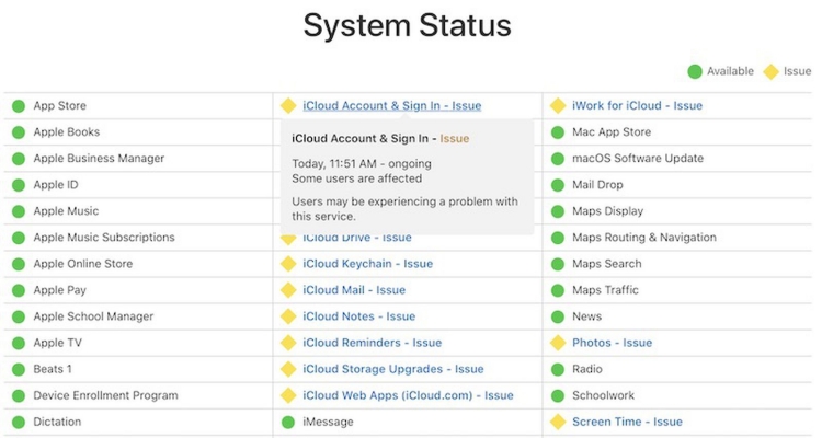 apple system status error page