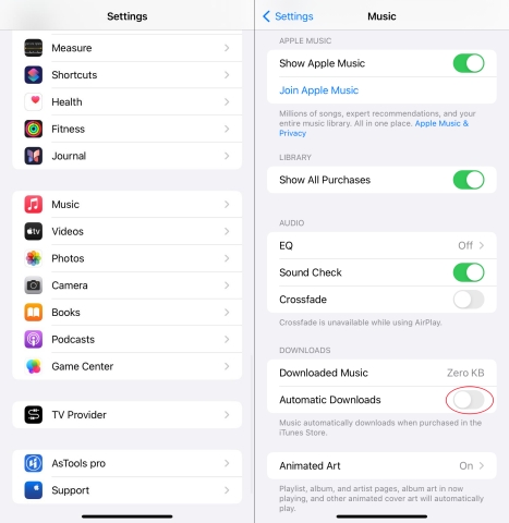 toggle automatic downloads in music on iphone