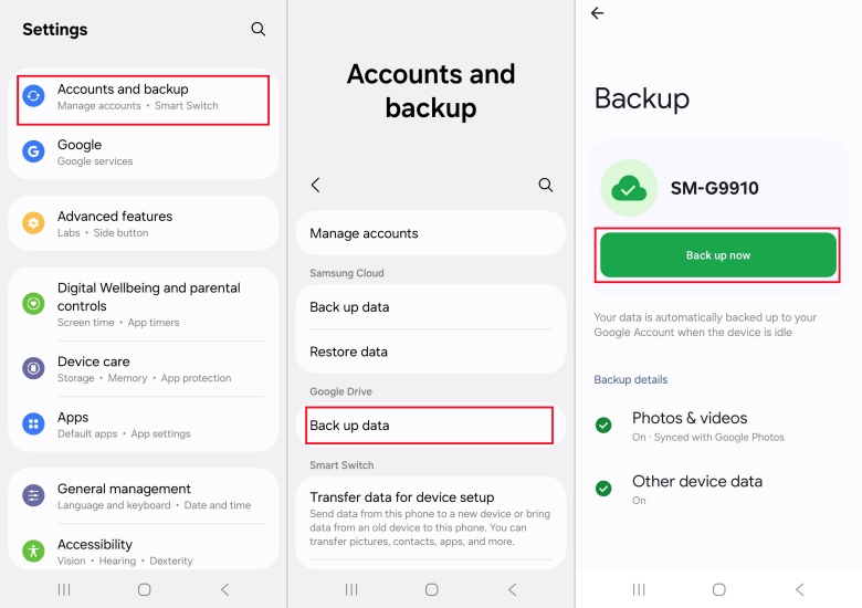 backup samsung data via google account
