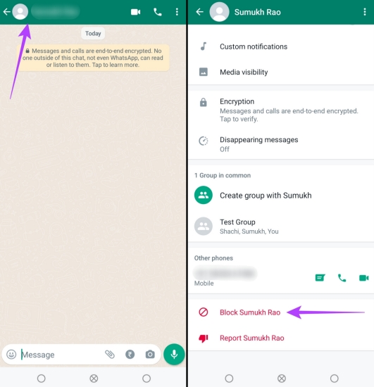 block whatsapp contact from contact info page on android
