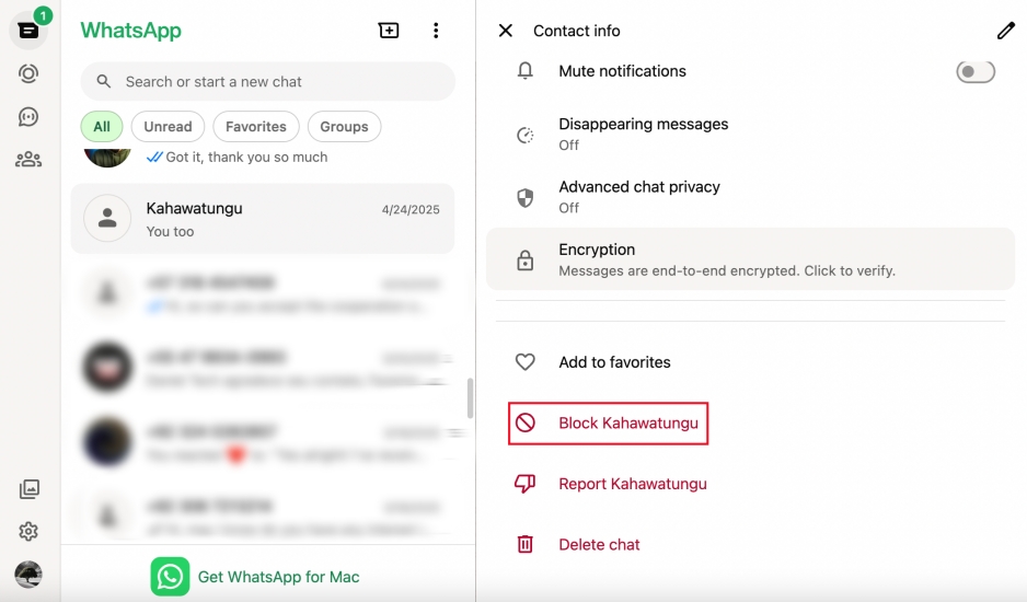 block whatsapp contact from contact info page on whatsapp web