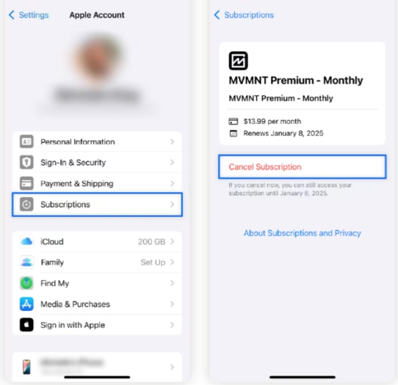 cancel subscription in settings