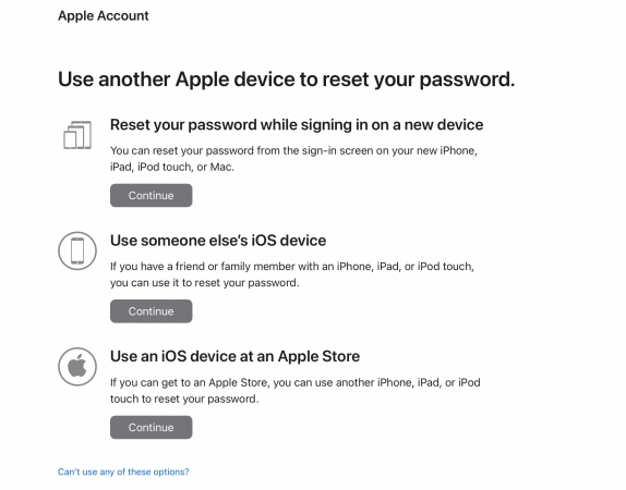 cant use any options to reset apple id password