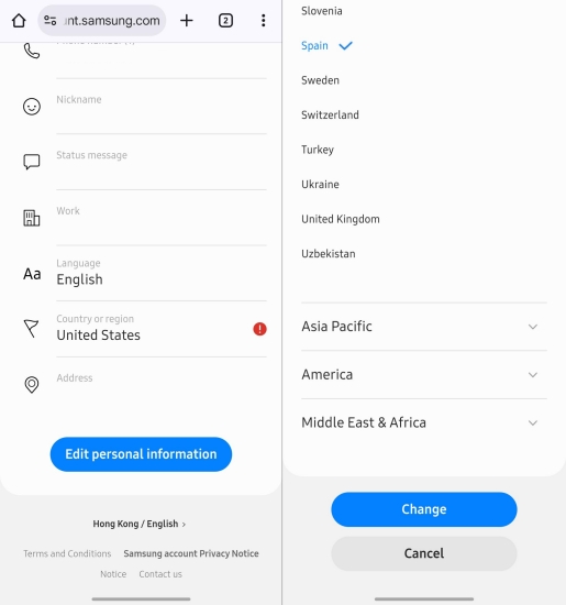 change account region on samsung