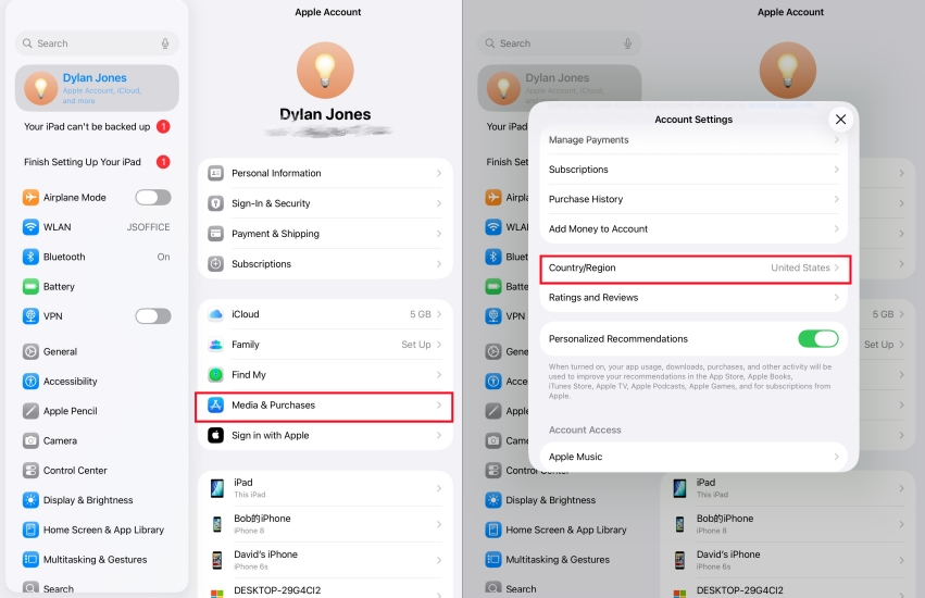 change apple account region on ipad