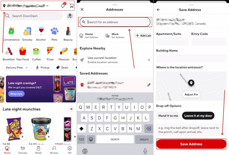 change doordash location on app