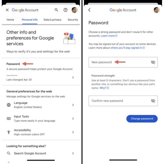 how to change gmail password on iphone