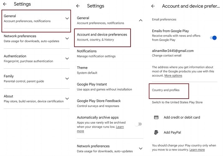 change google account country on android