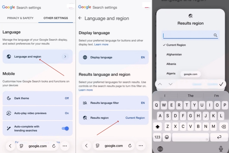 change google serach region iphone