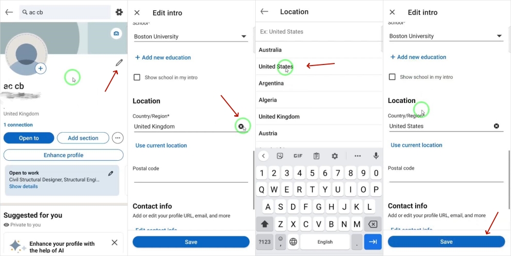 change linkedln location on phone