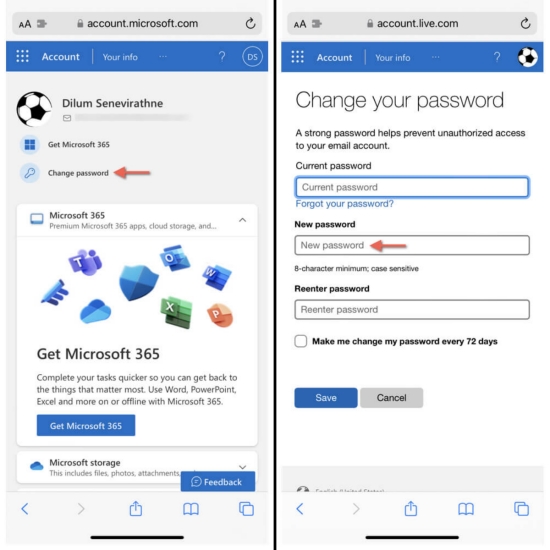 how to change outlook email password on iphone