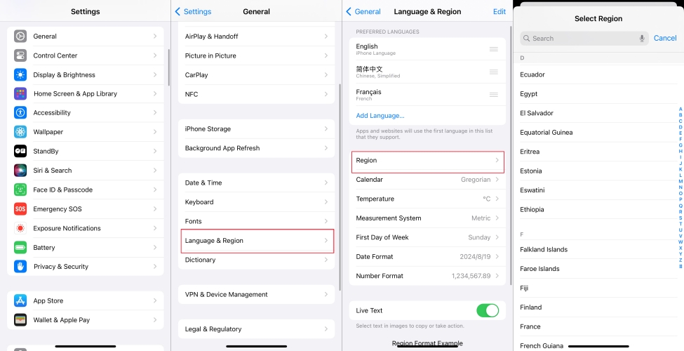change region on iphone