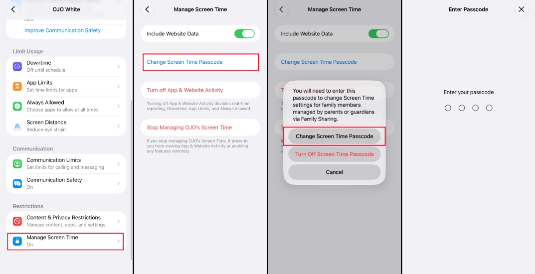 change screen time passcode on child device