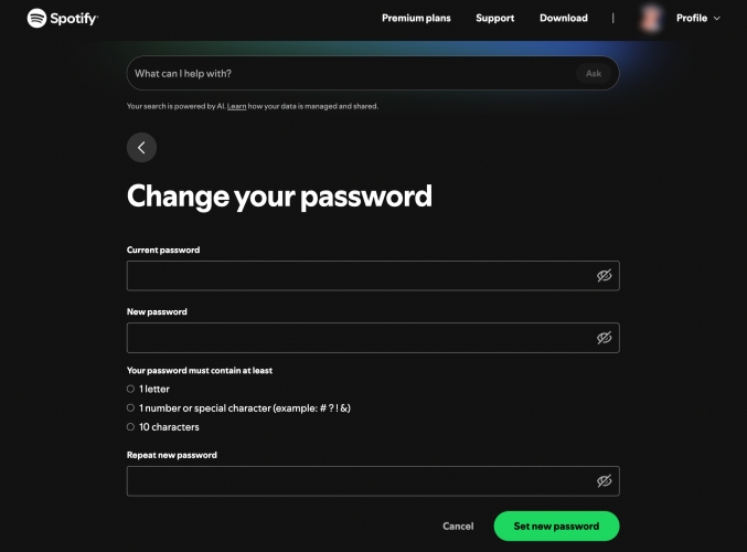 change spotify password with current password