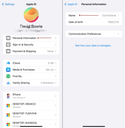 change the apple id name in settings