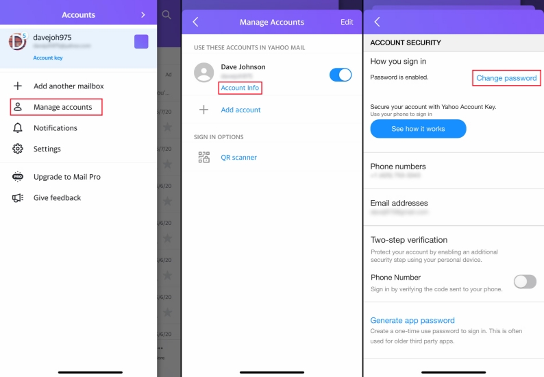 how to change yahoo email password on iphone