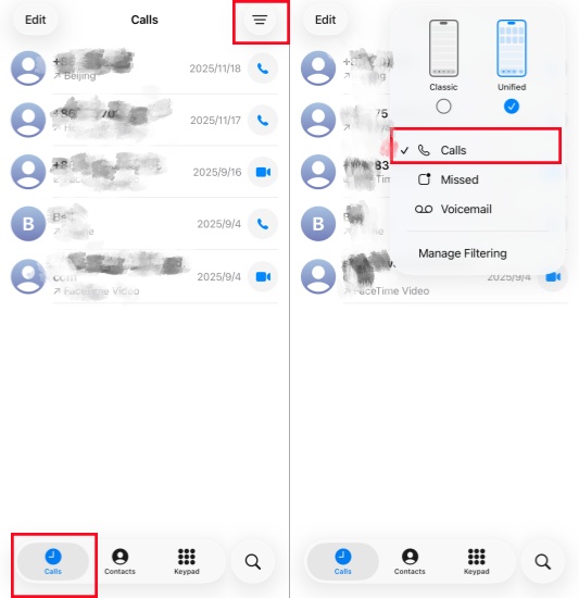 check all recent calls in phone app