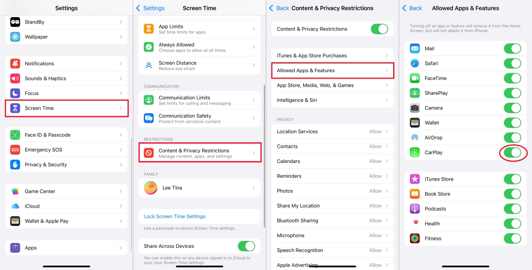 check carplay in restrictions