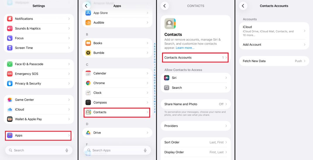 check contacts setting on iphone