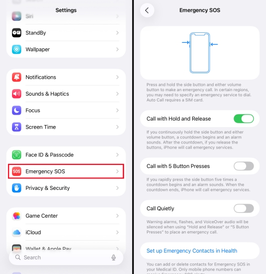 check emergency sos setting on iphone