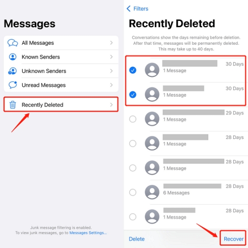 restore deleted messages in recently deleted on ios 16
