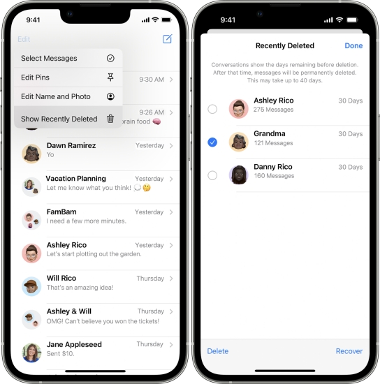 find old text messages in recently deleted