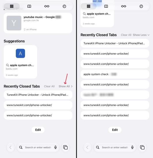 check safari recently closed tabs on iphone