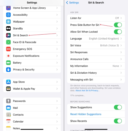 check siri activation button