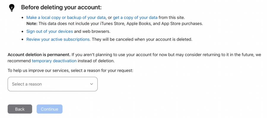 choose reason before deleting apple id