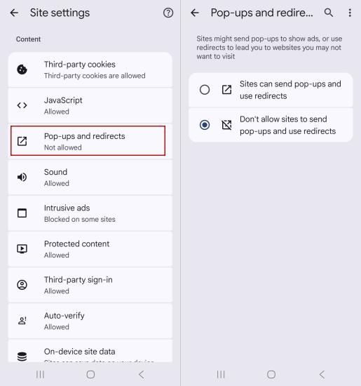 chrome pop ups settings