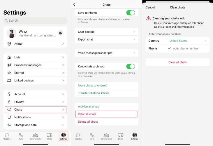 clear whatsapp chats on iphone at once