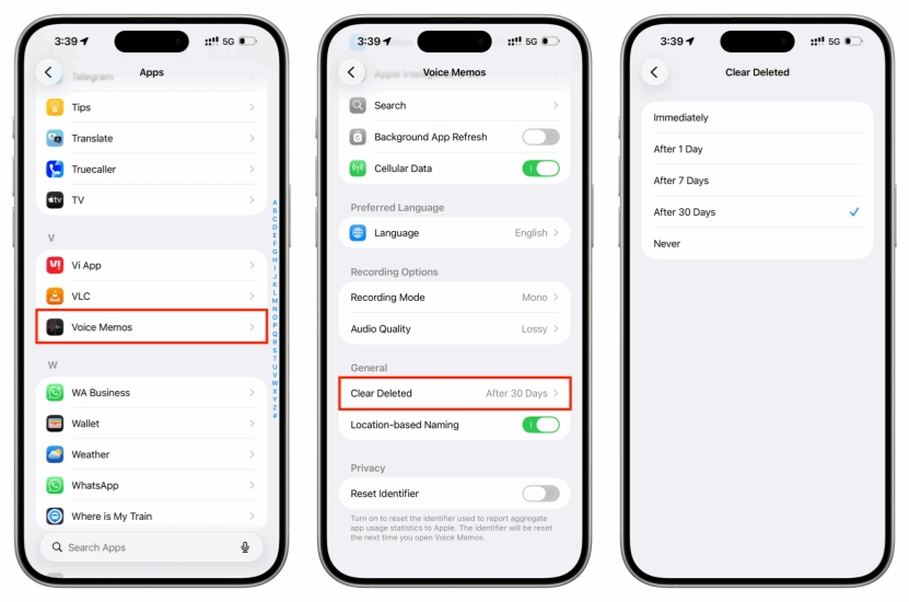 adjust voice memos clear deleted setting on iphone