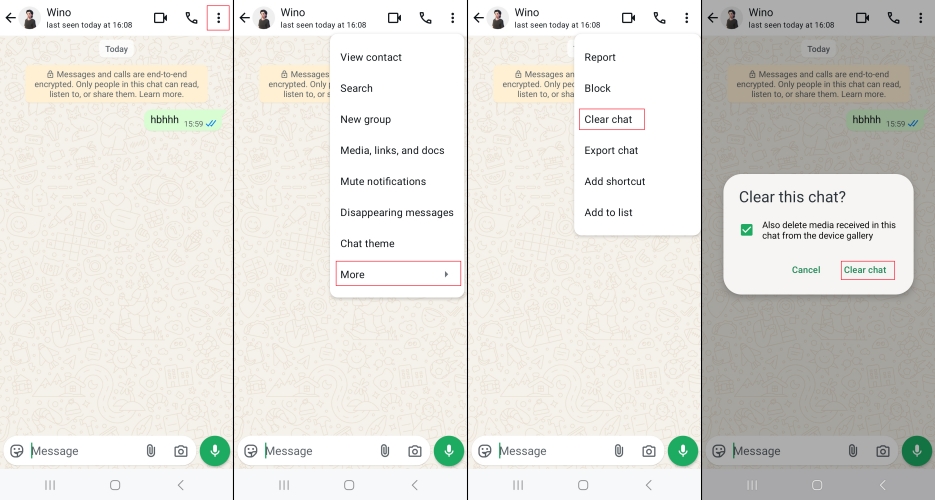 clear whatsapp individual or group chat on android