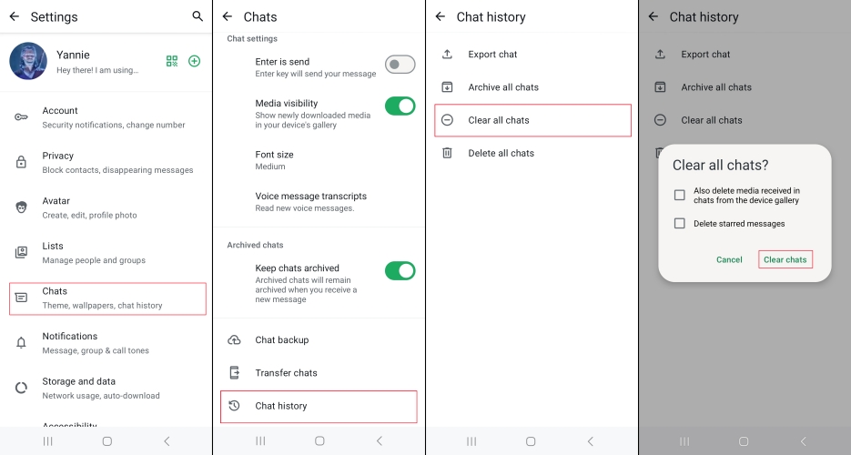clear whatsapp chats on android at once