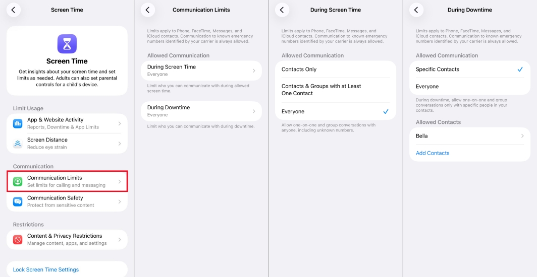 communication limits in screen time on iphone